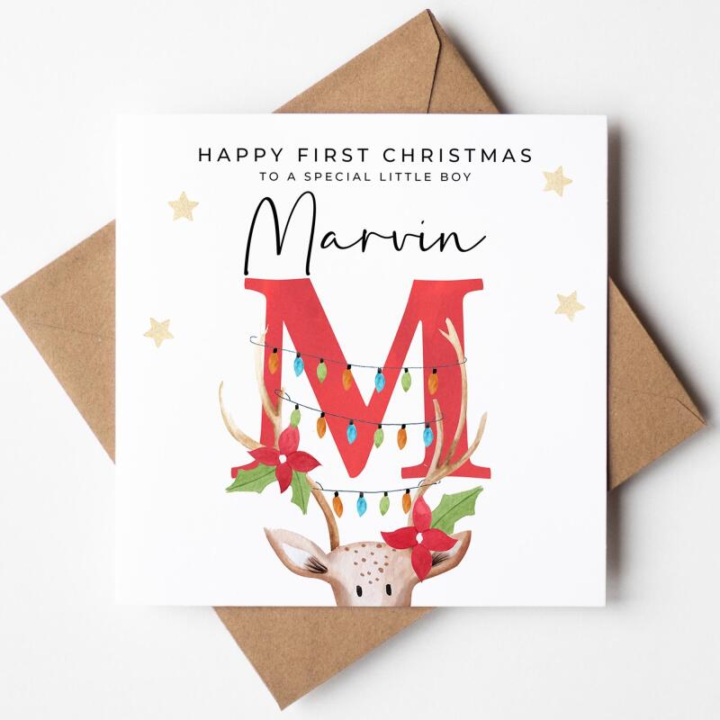 Personalised Children's First Christmas Card - Reindeer Watercolour Number - 1st Christmas Card for Child - Kids Christmas Gift First Xmas