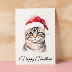 Cat Christmas Card Featuring A Tabby Cat Wearing a Santa Hat Fun Christmas Card For Him or Her Christmas Card For Anyone Christmas Gift - Small (4x6) / Blank Message