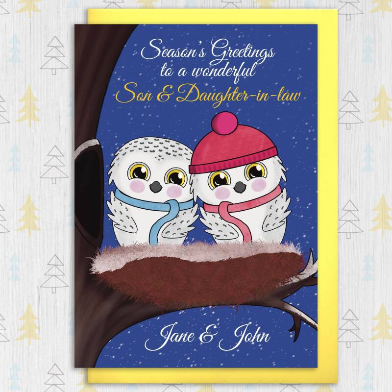 Season's Greetings to a wonderful couple personalised owls Christmas, Holidays, Xmas, festive card for couple, in-laws (Size A6/A5/A4) - A6: Single card