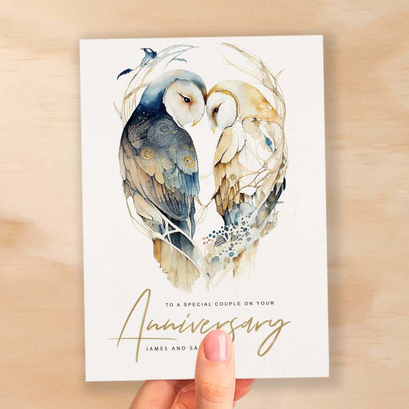 Personalised Anniversary Card For Couple Custom Anniversary Card Anniversary Card For Son and Daughter Inlaw Card Owl Anniversary Card - Small (4x6) / Blank Message