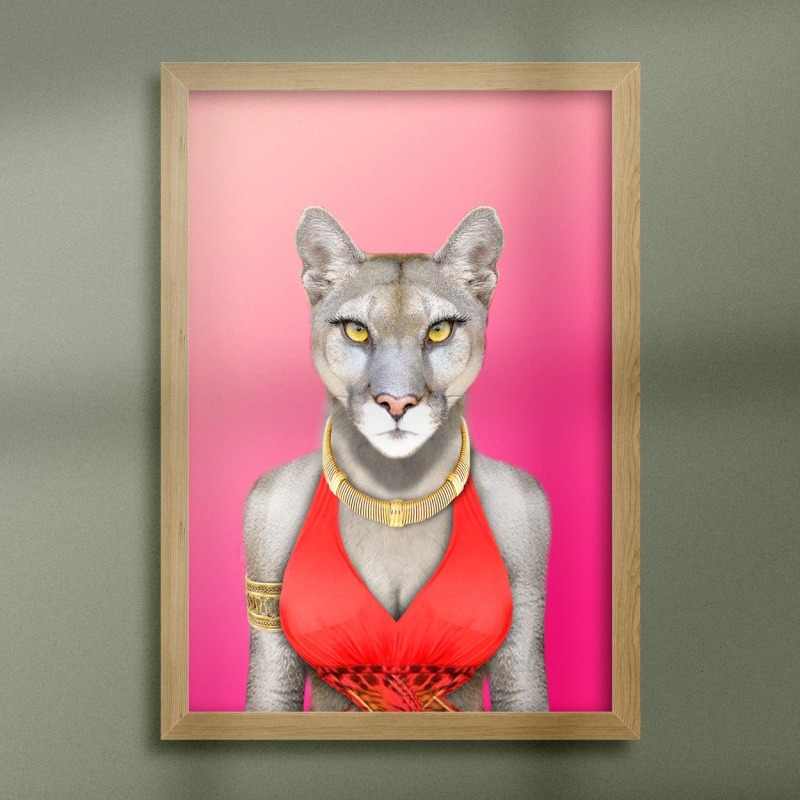 Cougar in clothes, animal print, wall art - A5 - Glossy - Green