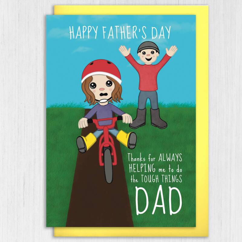 Thanks for always helping me do the tough things Dad cute, riding a bike, bicycle Father’s Day card from son or daughter (Size A6/A5/A4) - A6: Single card