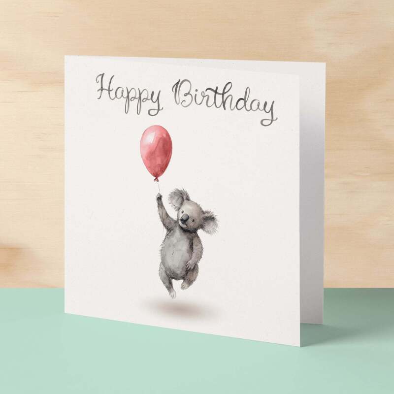 Birthday Card for Child Birthday Card For Kids Birthday Card For Her or Him Cute Koala Birthday Card With Birthday Balloons For Boy or Girl - Square (6x6) / Blank Message