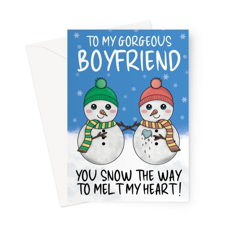 Cute Boyfriend Christmas Card - Snowmen - A5 Portrait - 1 Card