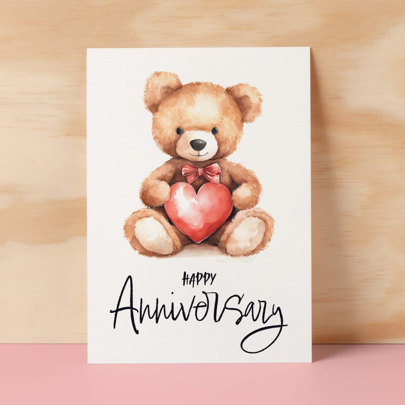 Anniversary Card for Wife Anniversary Card for Her Annversary Card For Husband Boyfriend or Girlfriend Cute Teddy Bear Card With Love Heart - Small (4x6) / Blank Message