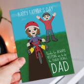 Thanks for always helping me do the tough things Dad cute, riding a bike, bicycle Father’s Day card from son or daughter (Size A6/A5/A4)