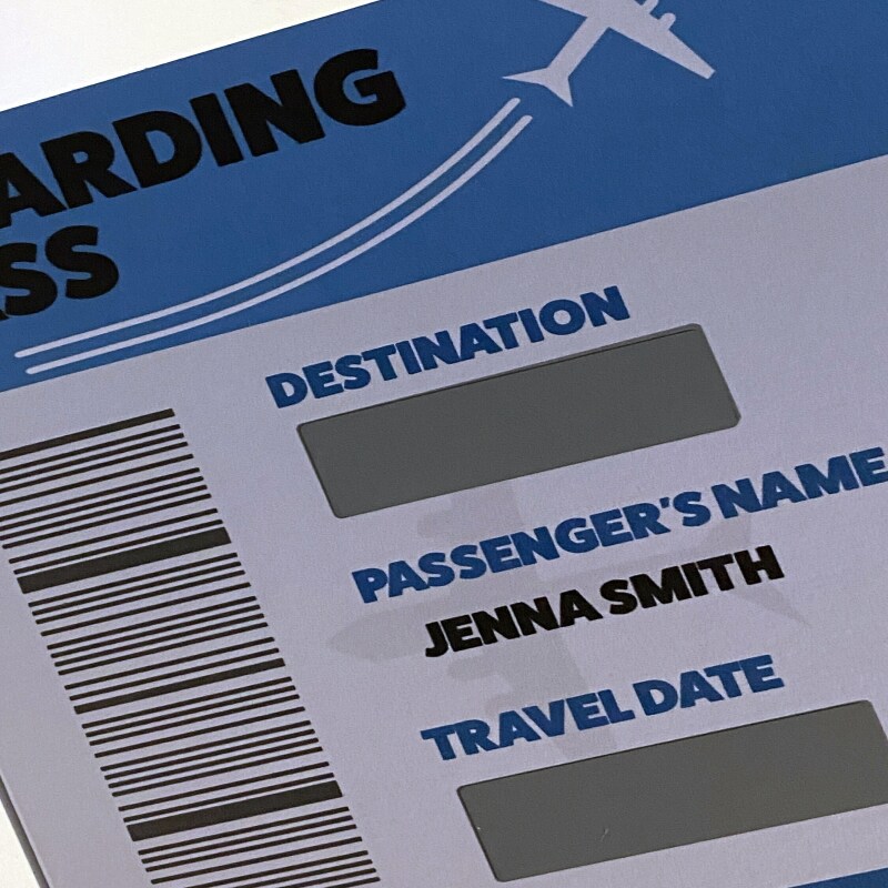 Scratch off and reveal card: Holiday, vacation, surprise destination, any destination, any name, any date boarding pass design - A5: Single card