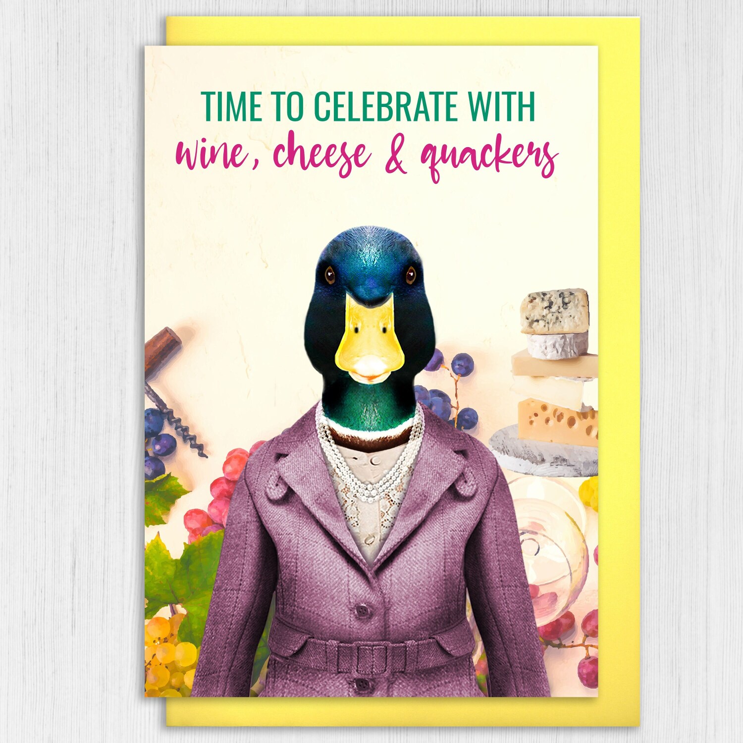 Time to celebrate with wine cheese and quackers duck in clothes congratulations, well done, graduation (Animalyser) Size A6/A5/A4/Square 6x6 - A6: Single card