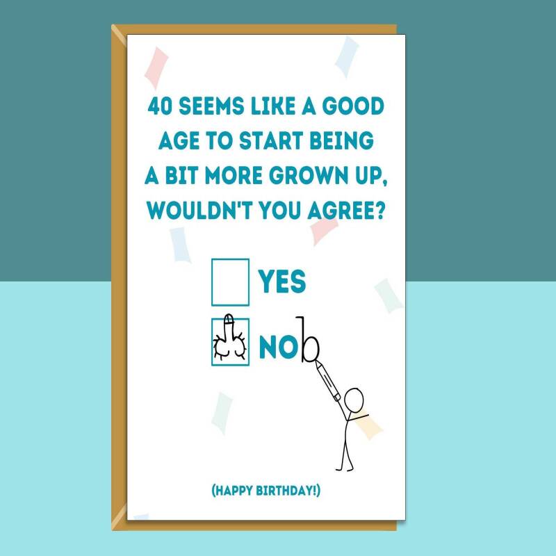 Funny 40th Birthday Card - Personalised inside if required - For Him or For Her - Perfect greetings card for someone turning 40 years old - Blank inside - Small