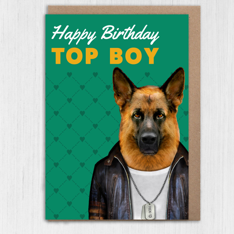 Happy Birthday Top Boy German Shepherd dog, doggy in clothes card for boyfriend, husband, male, brother (Animalyser) Size A6/A5/A4/Square - A6: Single card