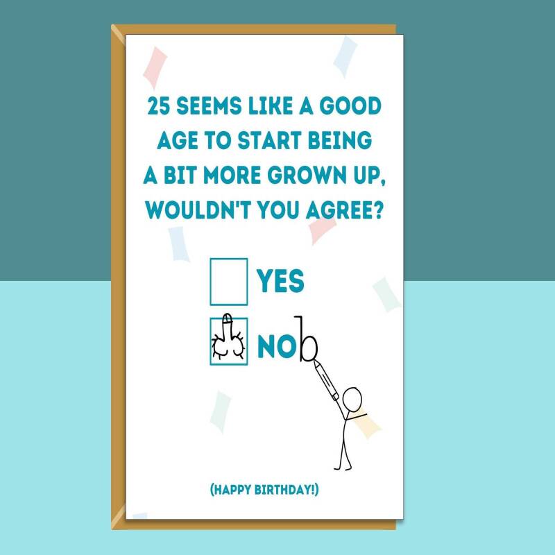 Funny 25th Birthday Card - Personalised inside if required - For Him or For Her - Perfect greetings card for someone turning 25 years old - Blank inside - Small