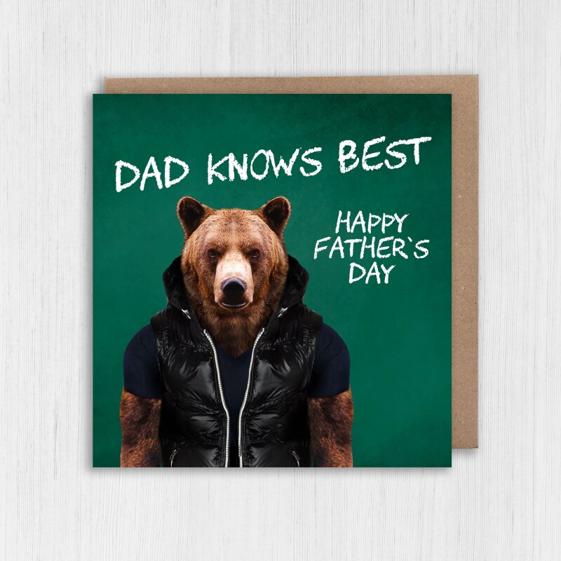 Dad knows best cute bear in clothes Father's Day card for dad, daddy, father from son, daughter (Animalyser) (Size A6/A5/A4/Square 6x6") - A6: Single card