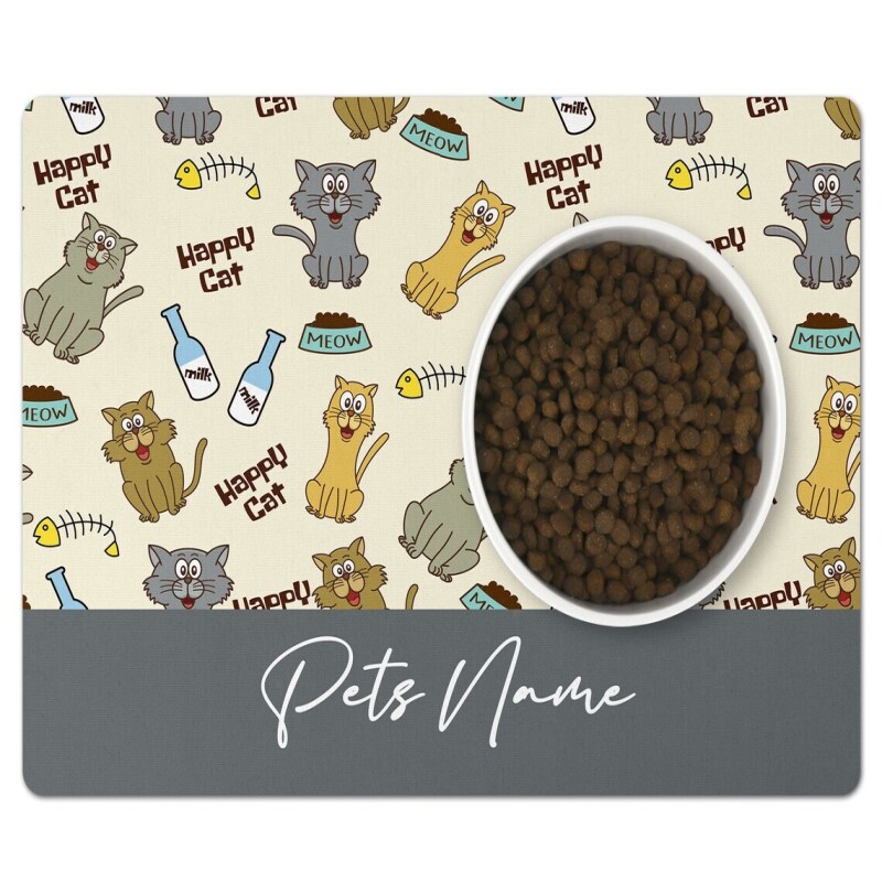 Cat Bowl Mat, Personalised Pet Bowl Mat - Charcoal