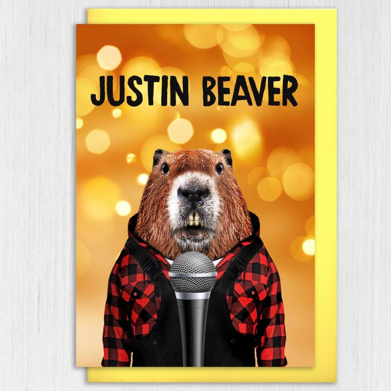 Justin Beaver funny beaver animal in clothes birthday card for children, kids, friend, cousin (Animalyser) (Size A6/A5/A4/Square 6x6") - A6: Single card