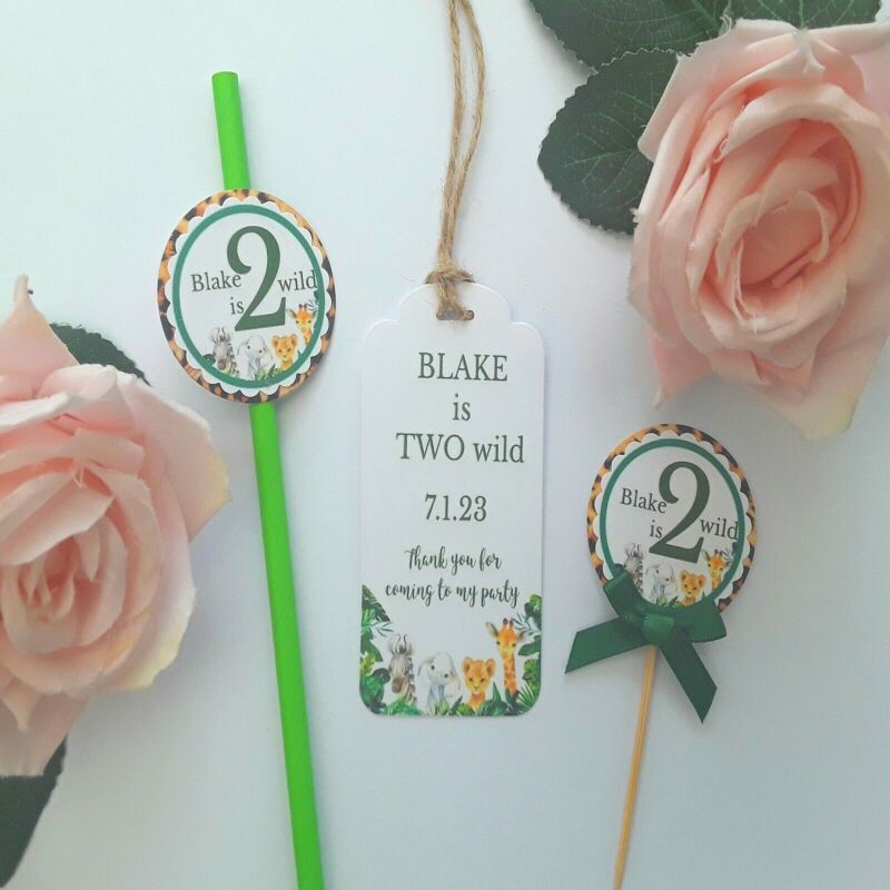 6 Personalised Wild One Straws,Baby Safari 2nd Birthday,Wild One Birthday Party - Green