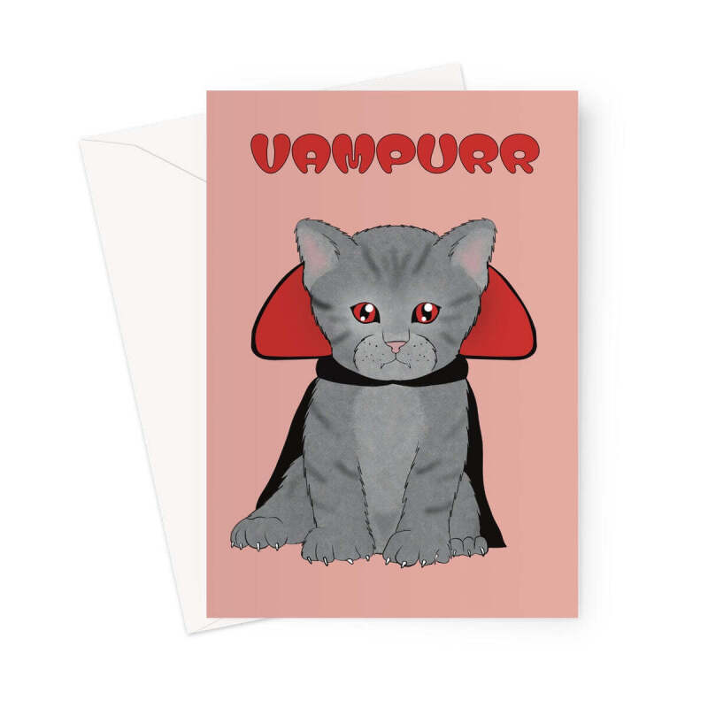 Vampurr Cat Funny Halloween Greeting Card - A5 Portrait - 1 Card