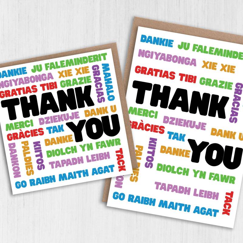 Thank you in different languages, merci, danke, gracias, grazie, tak, xie xie, kiitos card for friend, teacher (Size A6/A5/A4/Square 6x6") - A6: Single card