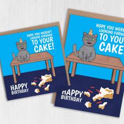 Hope you weren't looking forward to your cake! Funny cat, kitten, from the pet birthday card for, owner, lady (Size A6/A5/A4/Square 6x6") - A6: Single card