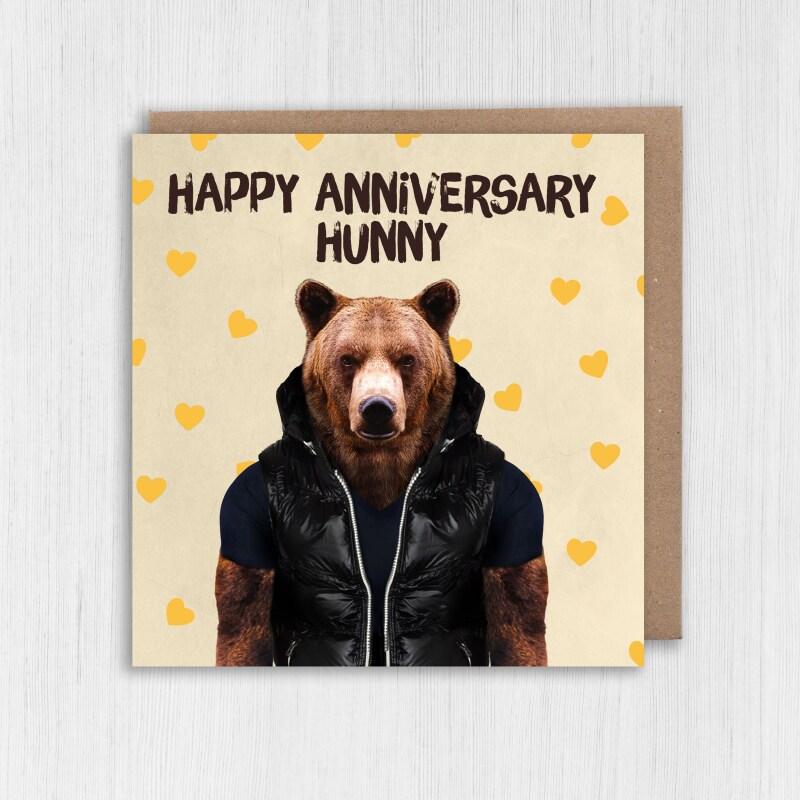 Happy anniversary hunny bear in clothes anniversary card for wife, husband, girlfriend, boyfriend (Animalyser) (Size A6/A5/A4/Square 6x6") - A6: Single card