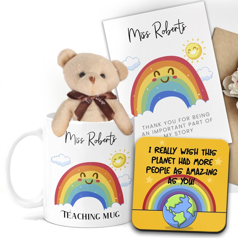 Personalised Teacher Gift Set, Teacher Card, Teacher Mug, Teacher Coaster, Cute Teddy. Personalised Teacher Gift Set,  School End of Term. - Natural