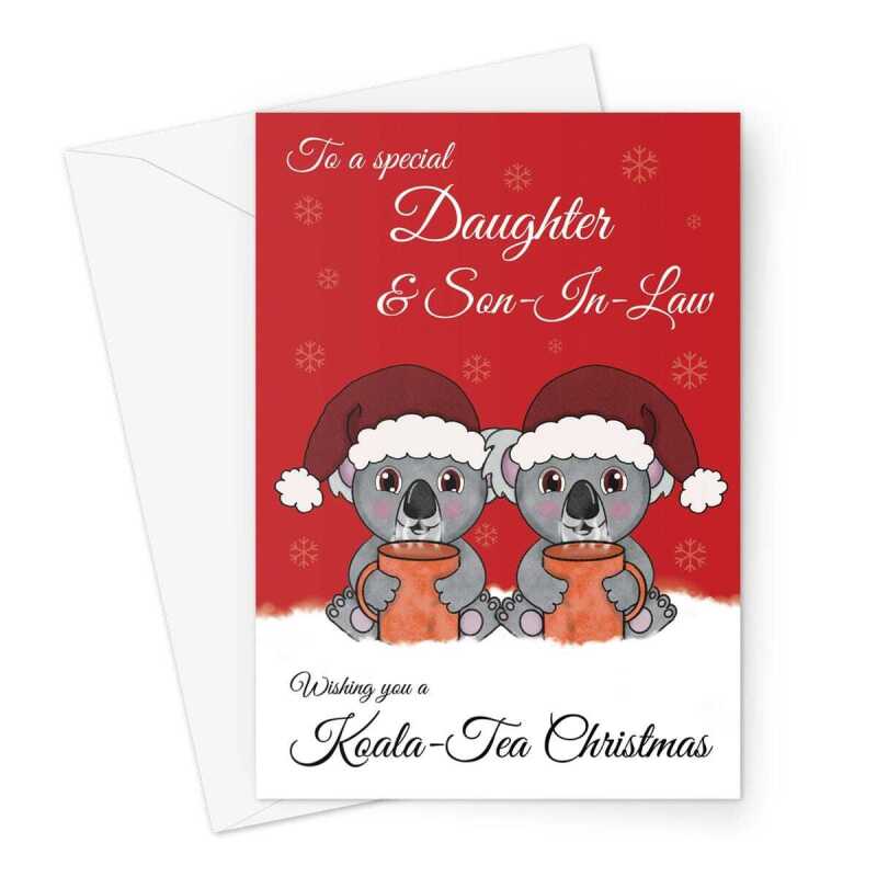 Merry Christmas Card For Daughter and Son-In-Law - Koala Tea Pun - A5 Greeting Card - A5 Portrait - 1 Card