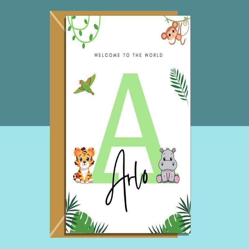 New baby Personalised Card - For new niece, nephew, cousin, friend's baby, grandson, grandaughter - Jungle themed - Baby boy or Baby girl - Regular - Matte - Personalised Inside