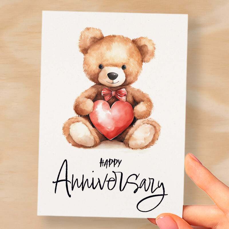 Anniversary Card for Wife Anniversary Card for Her Annversary Card For Husband Boyfriend or Girlfriend Cute Teddy Bear Card With Love Heart - Small (4x6) / Blank Message