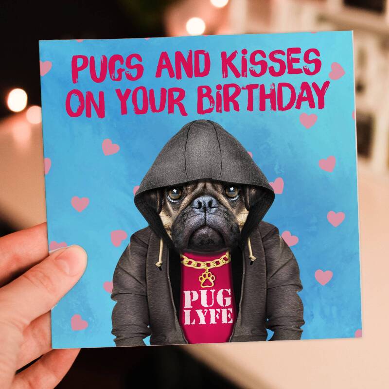 Pugs and kisses on your birthday cute pug in clothes, dog, hugs and kisses card for wife, husband (Animalyser) (Size A6/A5/A4/Square 6x6") - A6: Single card