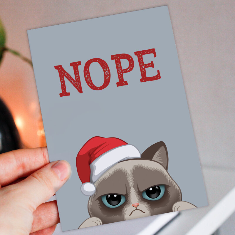 Funny, rude grumpy cat in Santa hat, kitten anti-Christmas, Holidays card from the cat, pet for cat lady (Size A6/A5/A4/Square 6x6") - A6: Single card