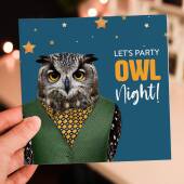 Let's party owl night owl in clothes congratulations, celebration, well done, new job, graduation card (Animalyser) Size A6/A5/A4/Square 6x6