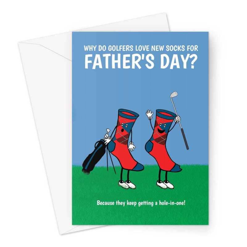 Happy Father's Day Card - Funny Golf Pun Hole-in-one Socks  - A5 Greetings Card - A5 Portrait - 1 Card