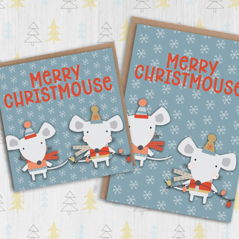 Merry Christmouse mouse, mice Christmas, Holidays, Xmas, cute, festive card for friend, mate, female, girl (Size A6/A5/A4/Square 6x6") - A6: Single card