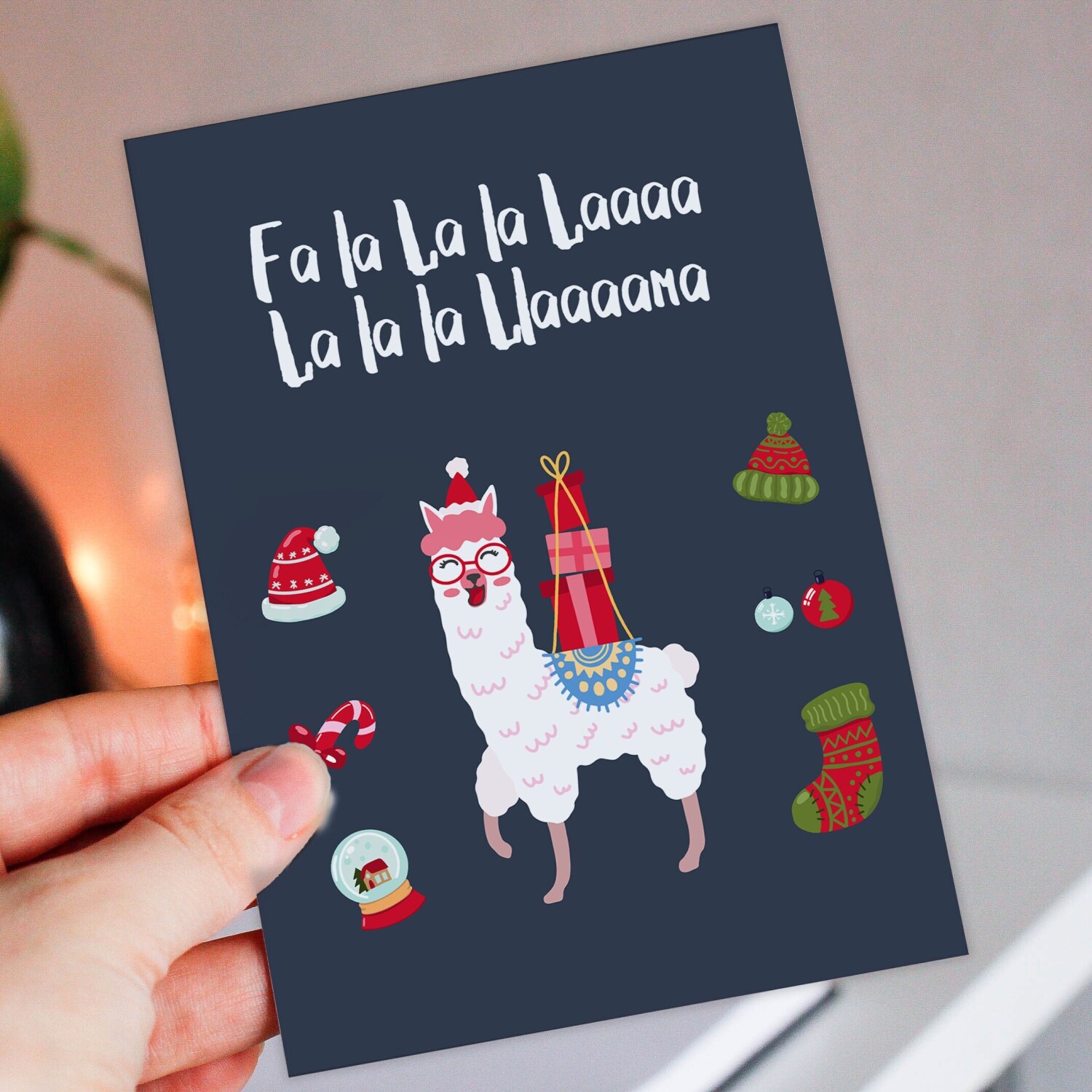 Fa la la la la llama alpaca in santa hat Christmas, Holidays card for friends, mates, buddies, male, female (Size A6/A5/A4/Square 6x6") - A6: Single card