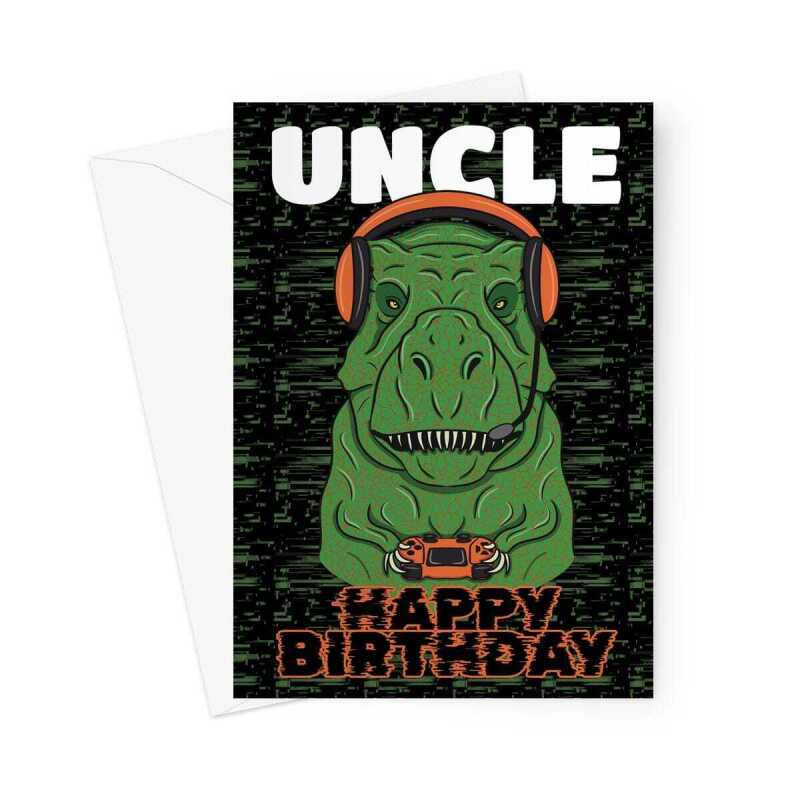 Uncle Birthday Card - Funny Gaming Dinosaur - A5 Portrait - 1 Card