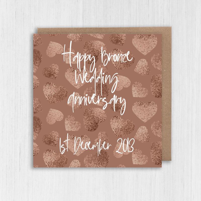 Personalised Bronze (8th/eight years) anniversary card: Personalised with date (Size A6/A5/A4/Square 6x6") - A6: Single card