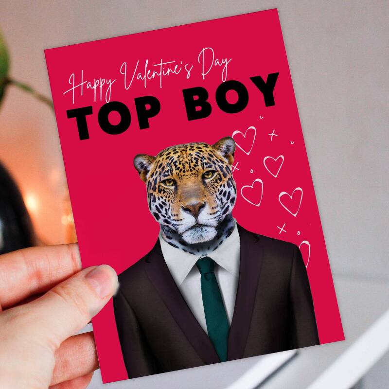 Happy Valentine's Day Top Boy Jaguar animal in clothes card for boyfriend, husband, male partner (Animalyser) Size A6/A5/A4/Square - A6: Single card