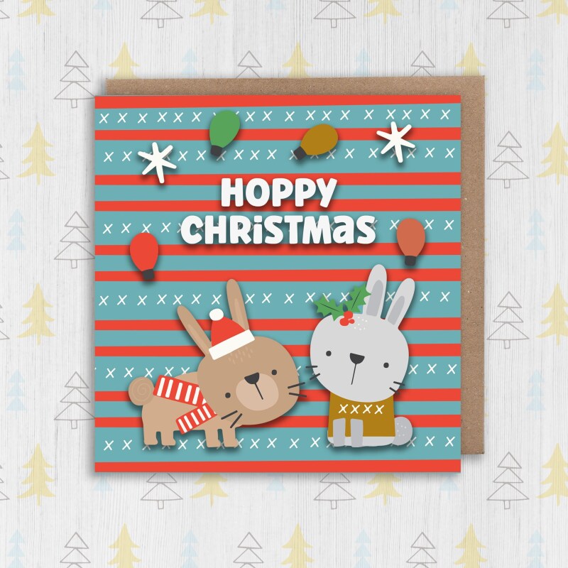 Hoppy Christmas funny, cute rabbit, bunny, pet Christmas, holidays, festive card for children, child, kids (Size A6/A5/A4/Square 6x6") - A6: Single card