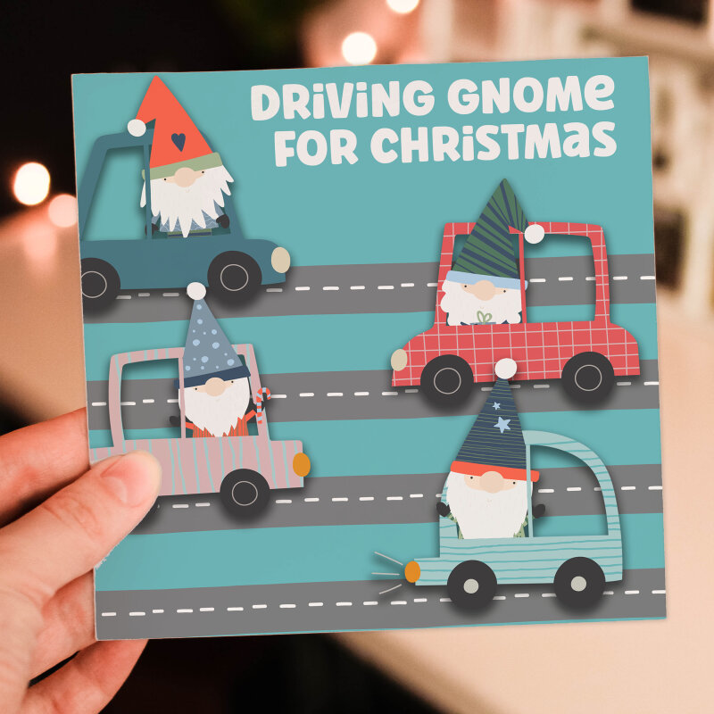 Driving gnome for Christmas funny gnome, gnomes, cute festive song, Holidays, Xmas card (Size A6/A5/A4/Square 6x6") - A6: Single card