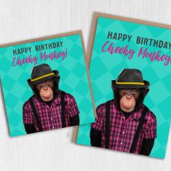 Happy birthday cheeky monkey cute animal in clothes birthday card for child, niece, nephew, son, daughter (Animalyser) Size A6/A5/A4/Square - A6: Single card