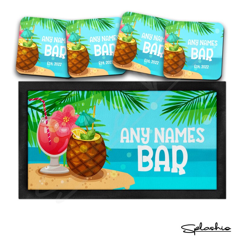 Personalised Bar Runner Mat, Cocktail Bar Custom Beer Mats & 4 x Drinks Coasters Gift Set Garden Bar Sets / Personalised Mats Home Cocktails - Set of 4 Coasters