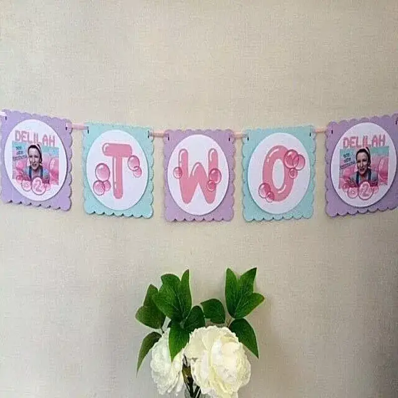 Unofficial Personalised Ms Rachel Bunting, Ms Rachel Bubblegum Party Decor - age ONE only (3 flags) - Lilac and blue