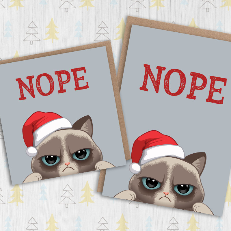 Funny, rude grumpy cat in Santa hat, kitten anti-Christmas, Holidays card from the cat, pet for cat lady (Size A6/A5/A4/Square 6x6") - A6: Single card