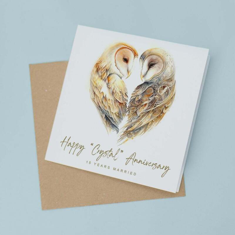 15th Anniversary Card Crystal Anniversary 15 Year Anniversary Card For Husband Owl Anniversary Card For Wife Fifteen Year Anniversary Card - Square (5.5x5.5) / Blank Inside