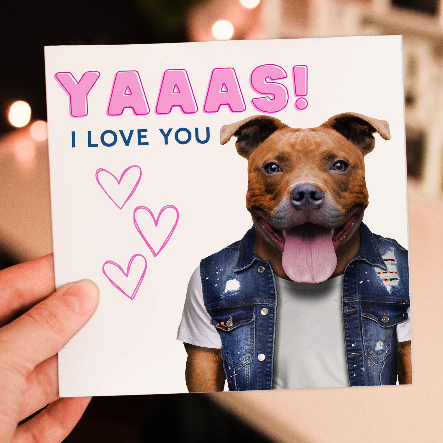 Yaaas! I love you Staffy Staffordshire Bull Terrier dog cute, funny anniversary card for wife, husband (Animalyser) Size A6/A5/A4/Square - A6: Single card