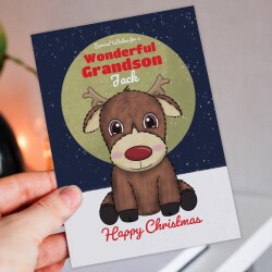 Personalised Happy Christmas with name, cute reindeer card for wonderful child, son, daughter, grandson, granddaughter (Size A6/A5/A4) - A6: Single card