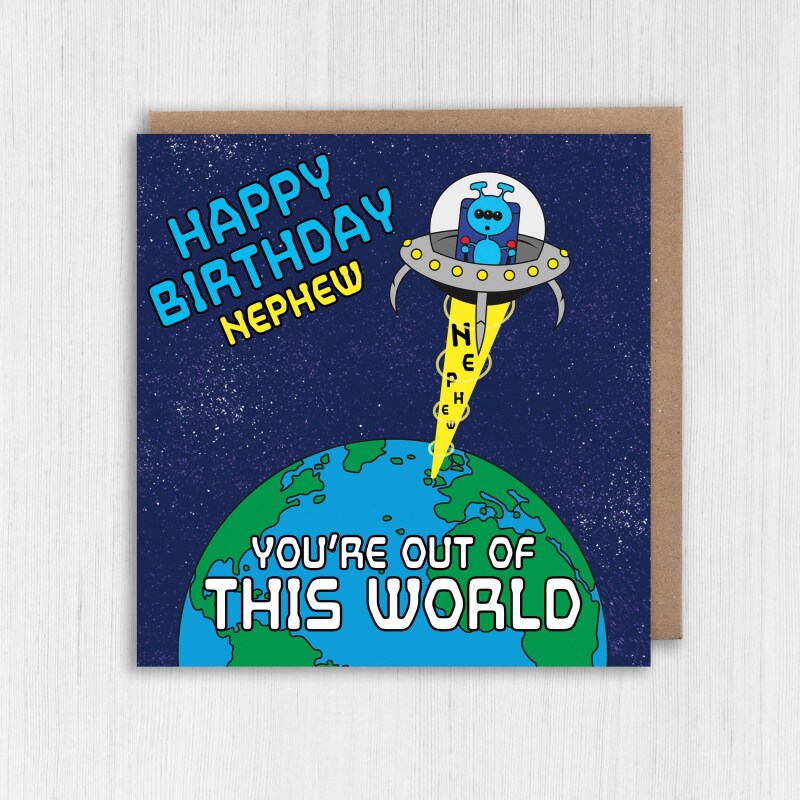 You're out of this world alien, UFO, space-themed birthday card for son, nephew, boy from parents, uncle, auntie (Size A6/A5/A4/Square 6x6") - A6: Single card - Son