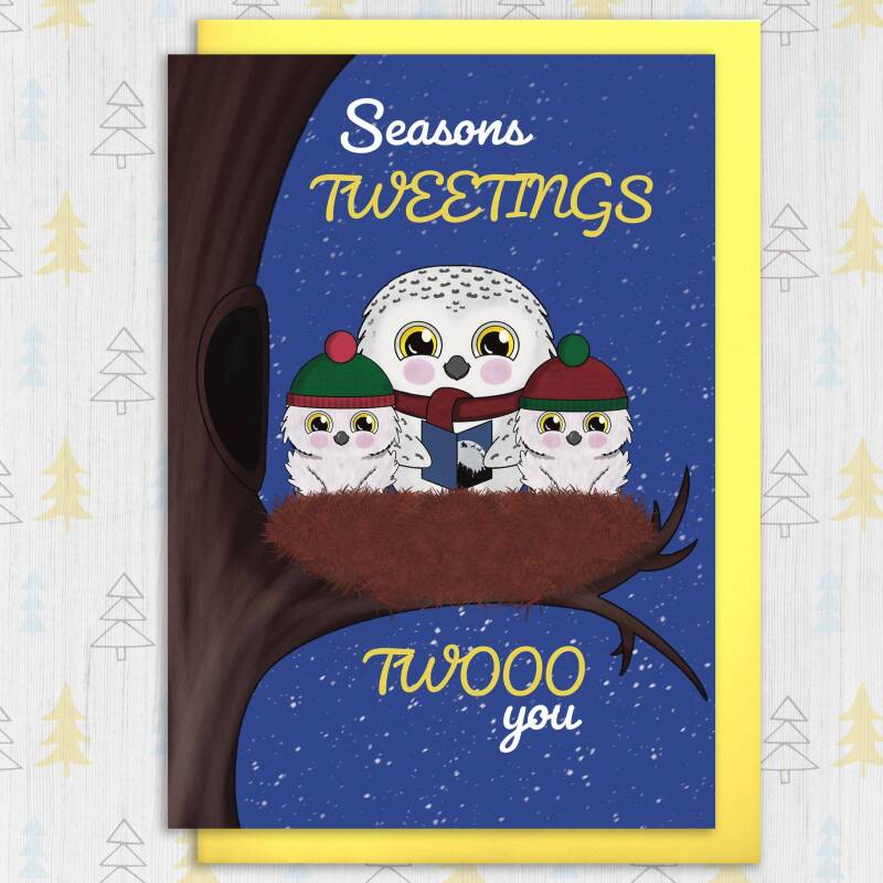 Seasons Tweetings twooo you Personalised funny owl pun Christmas card for son, daughter, grandchild, any relation, couple (Size A6/A5/A4) - A6: Single card