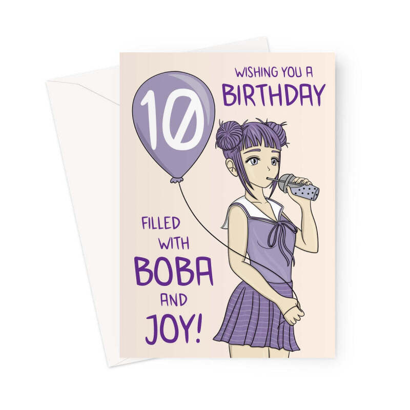 10th Birthday Card For Her - Anime Girl - Bubble Tea - A5 Portrait - 1 Card