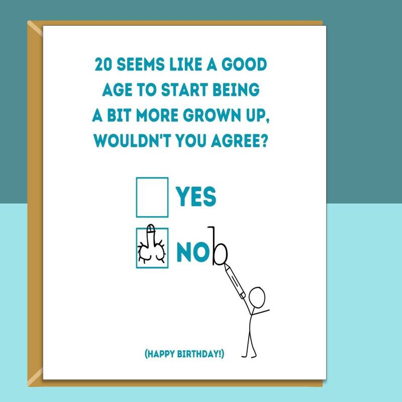 Funny 20th Birthday Card - Personalised inside if required - For Him or For Her - Perfect greetings card for someone turning 20 years old - Blank inside - Small