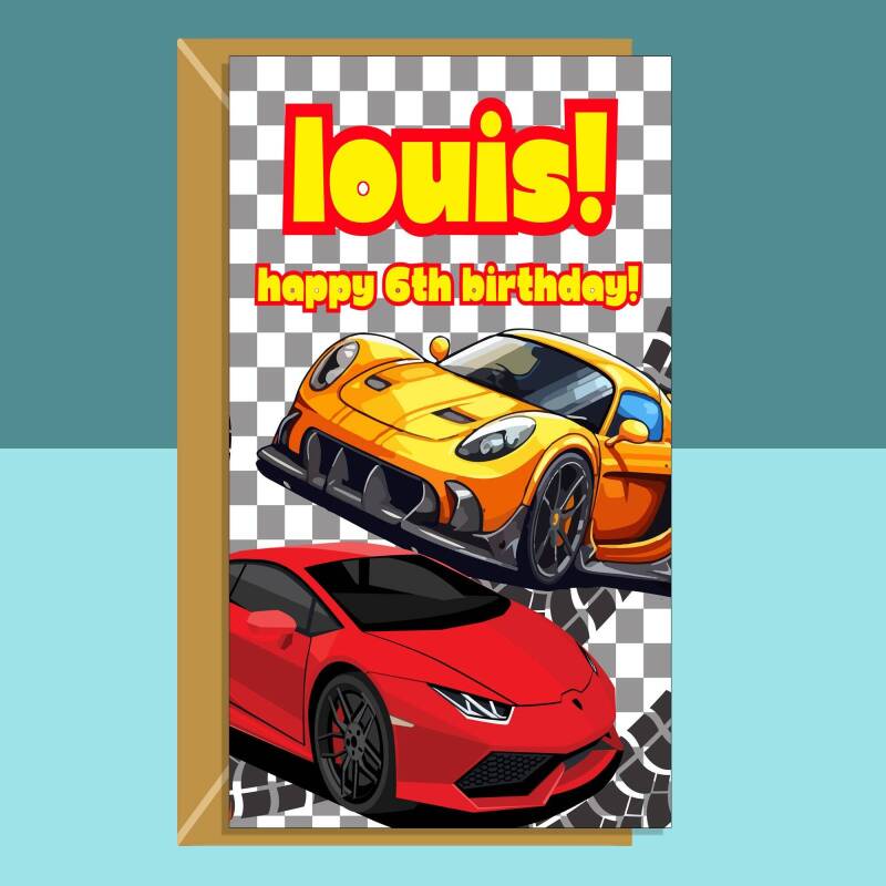 6th birthday card - Cars - Personalised - For Him or Her - 6 Year Old Son, Nephew, Grandson, Friend, Niece, Daughter, Granddaughter - Blank inside - Large